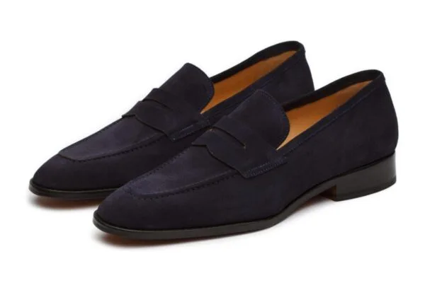 Navy Suede Square Toe Penny Loafer