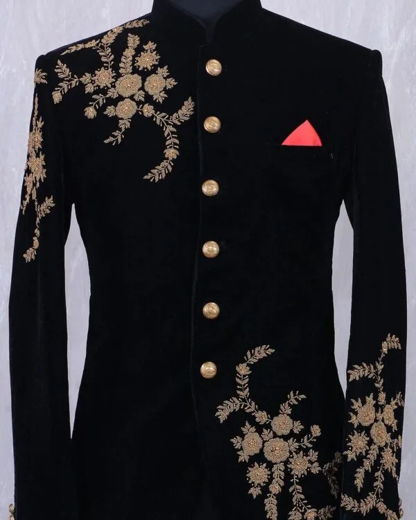 Royal Black Velvet Hand Embroidered Closed Neck Suit- CN113