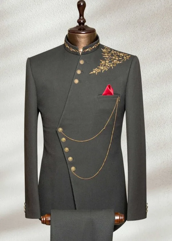 Oxford Grey Hand Embroidered Closed Neck Suit- CN119