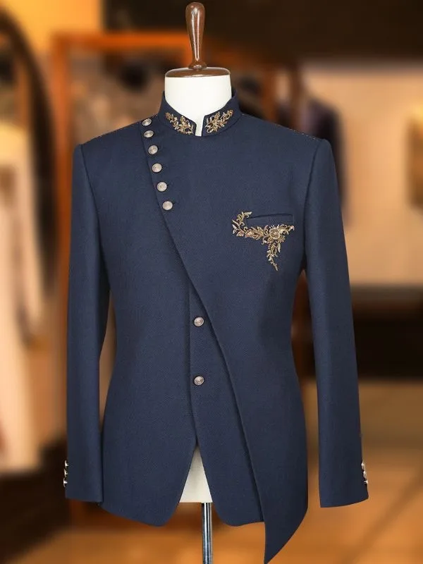 Navy Blue Hand Embroidered Closed Neck Suit- CN020