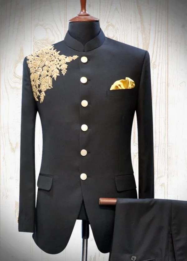 Matt Black Embroidered Closed Neck Suit- CN030