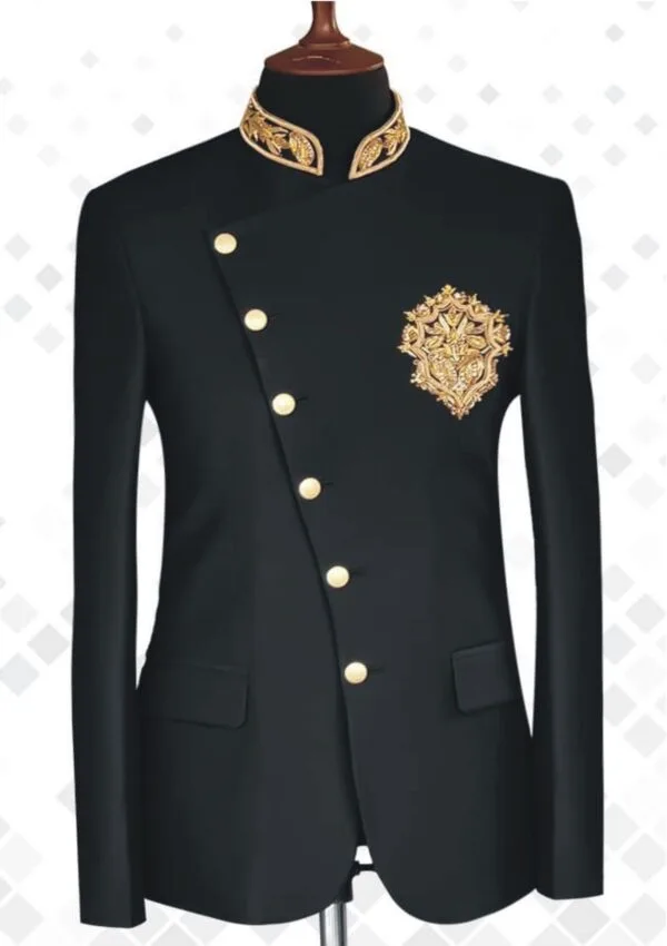 Royal Black Embroidered Closed Neck Suit- CN032